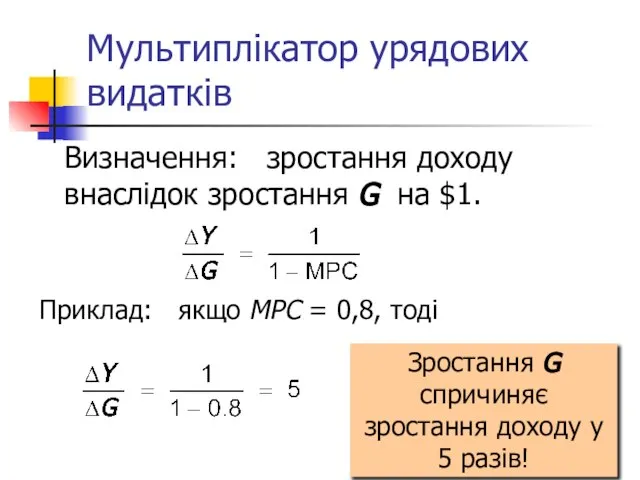 Мультиплікатор урядових видатків Приклад: якщо MPC = 0,8, тоді Визначення: зростання доходу