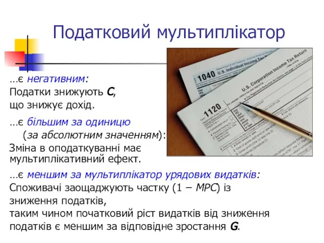 Податковий мультиплікатор …є негативним: Податки знижують C, що знижує дохід. …є більшим