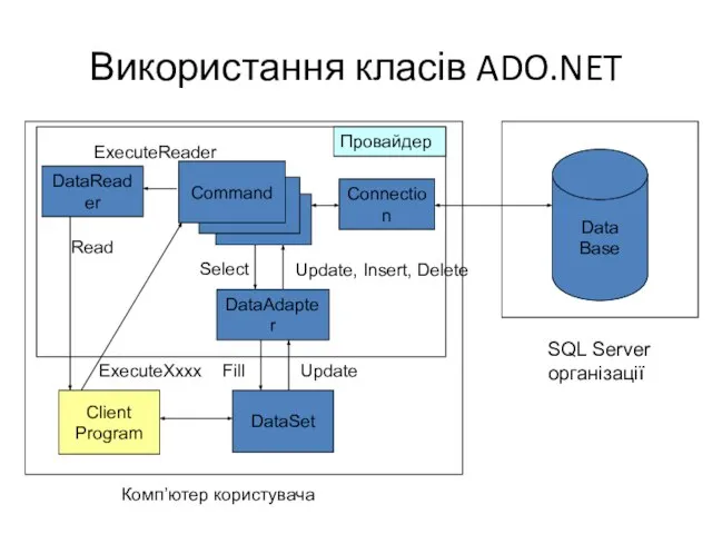 ExecuteXxxx Використання класів ADO.NET Data Base SQL Server організації Connection DataReader DataAdapter