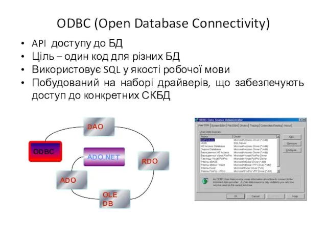 ODBC (Open Database Connectivity) API доступу до БД Ціль – один код