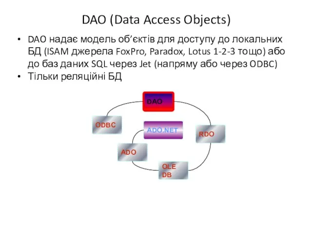 DAO надає модель об’єктів для доступу до локальних БД (ISAM джерела FoxPro,