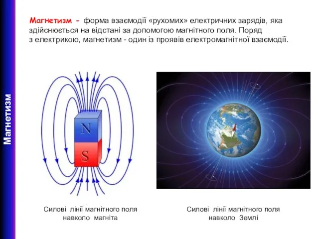 Магнетизм Магнетизм - форма взаємодії «рухомих» електричних зарядів, яка здійснюється на відстані