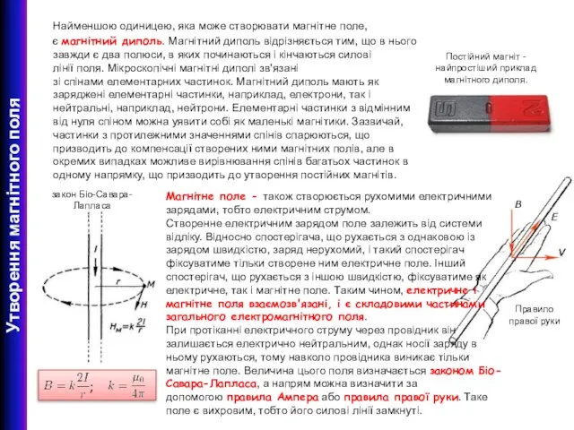 Утворення магнітного поля Найменшою одиницею, яка може створювати магнітне поле, є магнітний