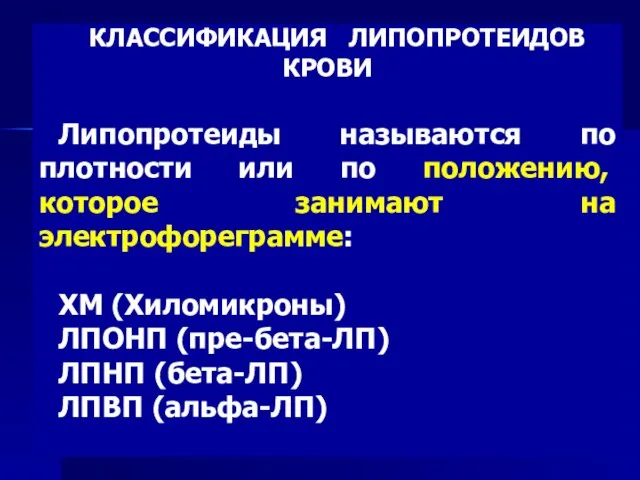 КЛАССИФИКАЦИЯ ЛИПОПРОТЕИДОВ КРОВИ Липопротеиды называются по плотности или по положению, которое занимают