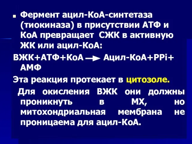 Фермент ацил-КоА-синтетаза (тиокиназа) в присутствии АТФ и КоА превращает СЖК в активную