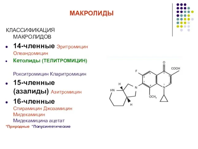 МАКРОЛИДЫ КЛАССИФИКАЦИЯ МАКРОЛИДОВ 14-членные Эритромицин Олеандомицин Кетолиды (ТЕЛИТРОМИЦИН) Рокситромицин Кларитромицин 15-членные (азалиды)