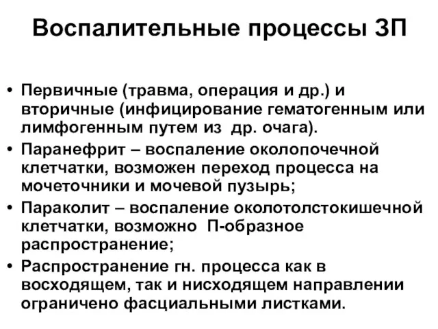 Воспалительные процессы ЗП Первичные (травма, операция и др.) и вторичные (инфицирование гематогенным