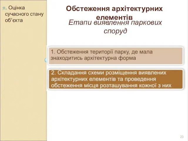 2. Оцінка сучасного стану об’єкта Обстеження архітектурних елементів Етапи виявлення паркових споруд