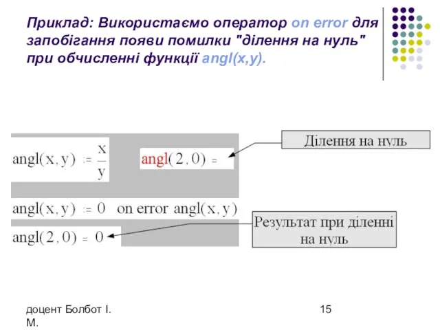 доцент Болбот І.М. Приклад: Використаємо оператор on error для запобігання появи помилки