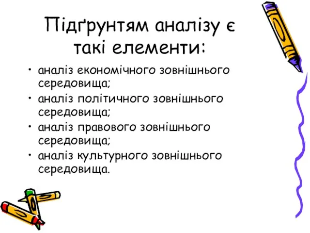 Підґрунтям аналізу є такі елементи: аналіз економічного зовнішнього середовища; аналіз політичного зовнішнього