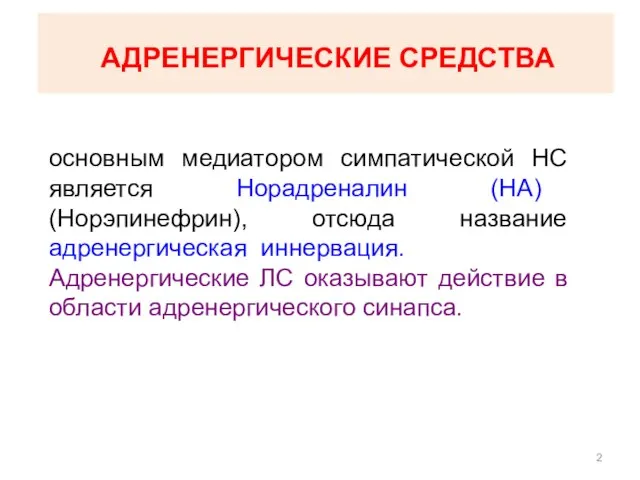 АДРЕНЕРГИЧЕСКИЕ СРЕДСТВА основным медиатором симпатической НС является Норадреналин (НА) (Норэпинефрин), отсюда название