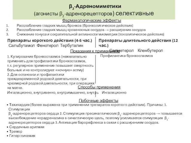 β2-Адреномиметики (агонисты β2-адренорецепторов) селективные Фармакологические эффекты Расслабление гладких мышц бронхов (бронхолитическое действие)