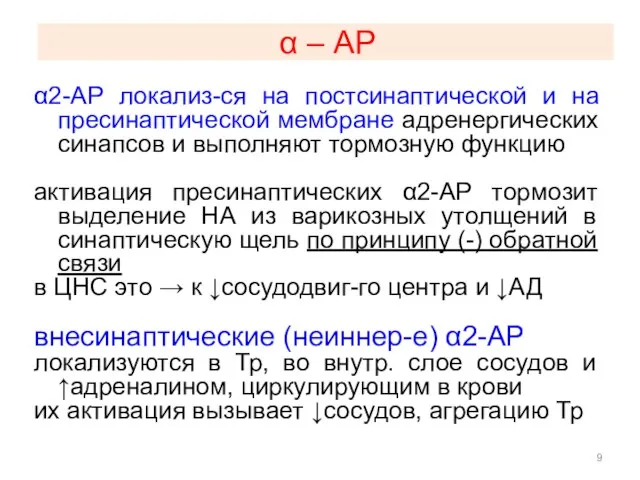 α – АР α2-АР локализ-ся на постсинаптической и на пресинаптической мембране адренергических