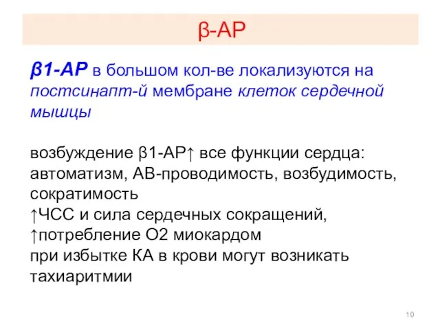 β-АР β1-АР в большом кол-ве локализуются на постсинапт-й мембране клеток сердечной мышцы