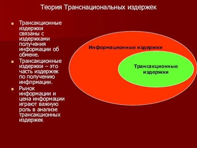 Теория Транснациональных издержек Трансакционные издержки связаны с издержками получения информации об обмене.