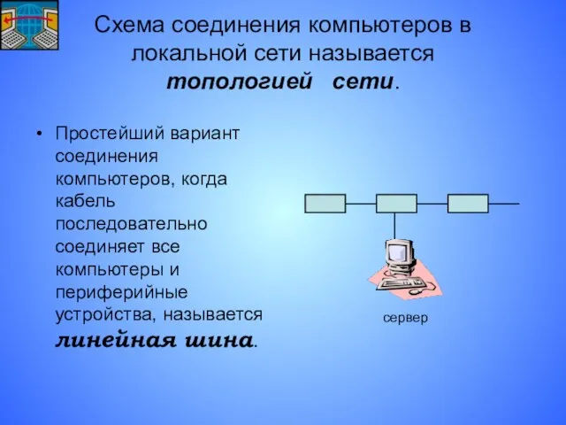 Схема соединения компьютеров в локальной сети называется топологией сети. Простейший вариант соединения