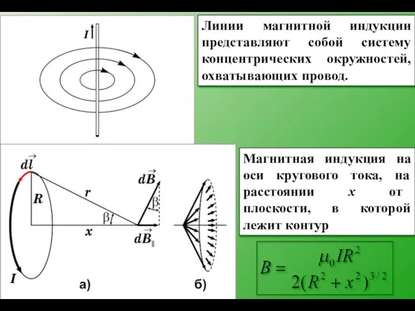 Линии магнитной индукции представляют собой систему концентрических окружностей, охватывающих провод. Магнитная индукция