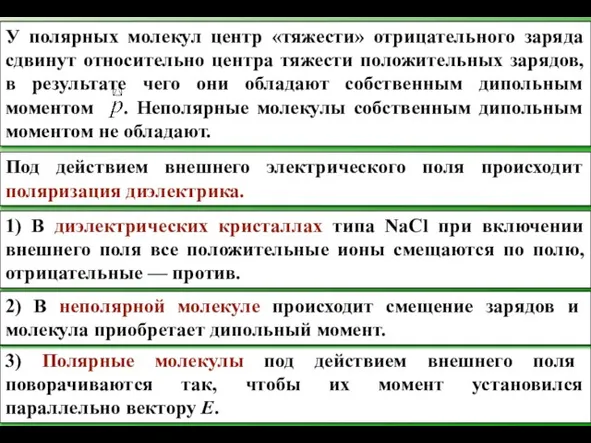 Под действием внешнего электрического поля происходит поляризация диэлектрика. 1) В диэлектрических кристаллах