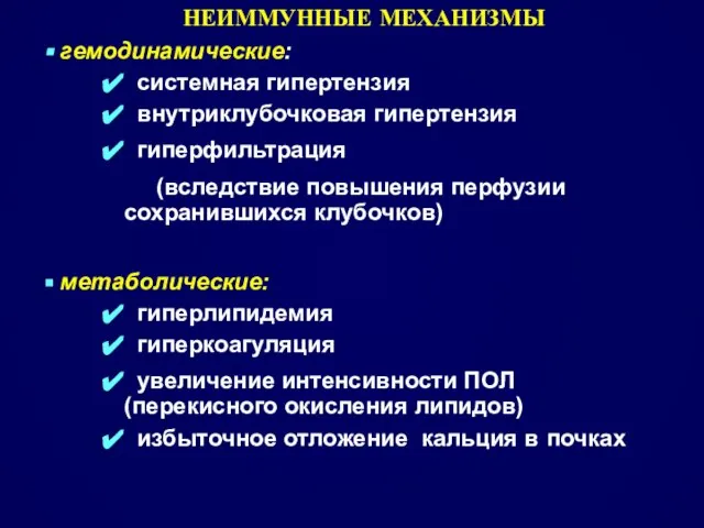 НЕИММУННЫЕ МЕХАНИЗМЫ гемодинамические: системная гипертензия внутриклубочковая гипертензия гиперфильтрация (вследствие повышения перфузии сохранившихся