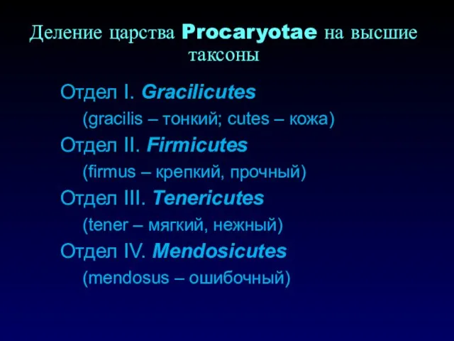 Деление царства Procaryotae на высшие таксоны Отдел I. Gracilicutes (gracilis – тонкий;