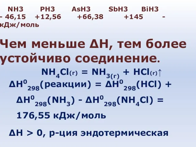 NH3 PH3 AsH3 SbH3 BiH3 - 46,15 +12,56 +66,38 +145 - кДж/моль