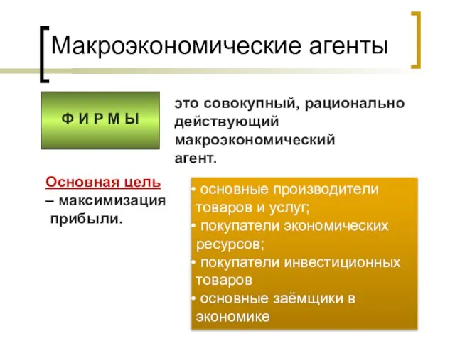 Ф И Р М Ы Макроэкономические агенты это совокупный, рационально действующий макроэкономический