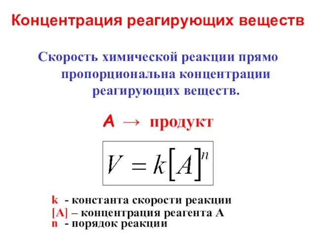 Скорость химической реакции прямо пропорциональна концентрации реагирующих веществ. А → продукт Концентрация