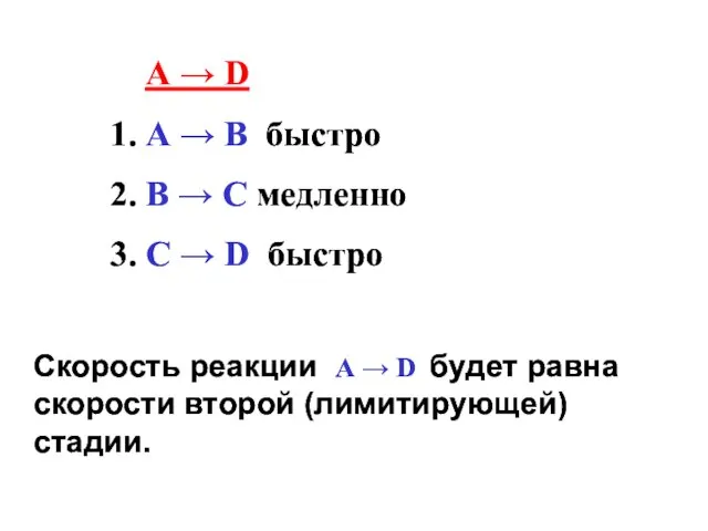 Скорость реакции А → D будет равна скорости второй (лимитирующей) стадии. А