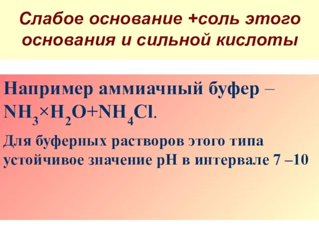 Например аммиачный буфер – NH3×H2O+NH4Cl. Для буферных растворов этого типа устойчивое значение