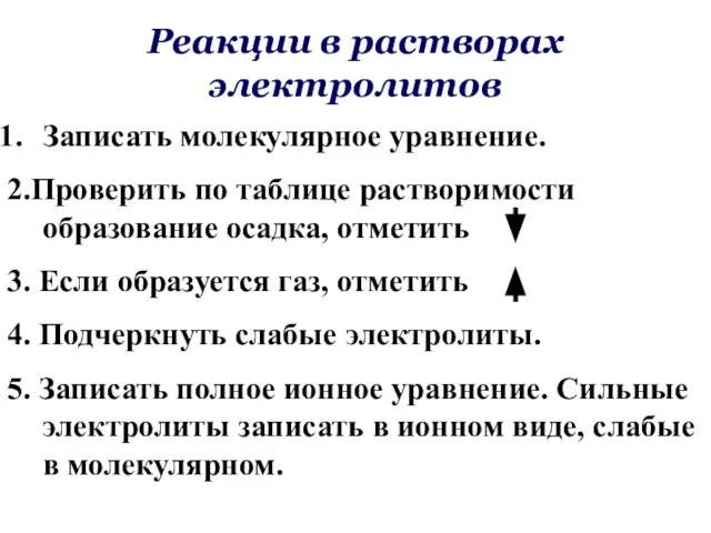 Реакции в растворах электролитов Записать молекулярное уравнение. 2.Проверить по таблице растворимости образование