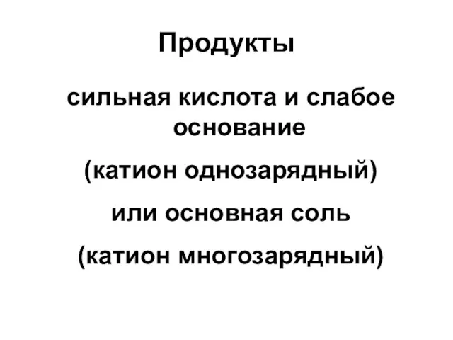 Продукты сильная кислота и слабое основание (катион однозарядный) или основная соль (катион многозарядный)