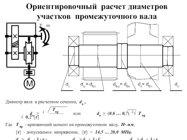 Ориентировочный расчет диаметров участков промежуточного вала Диаметр вала в расчетном сечении, dк