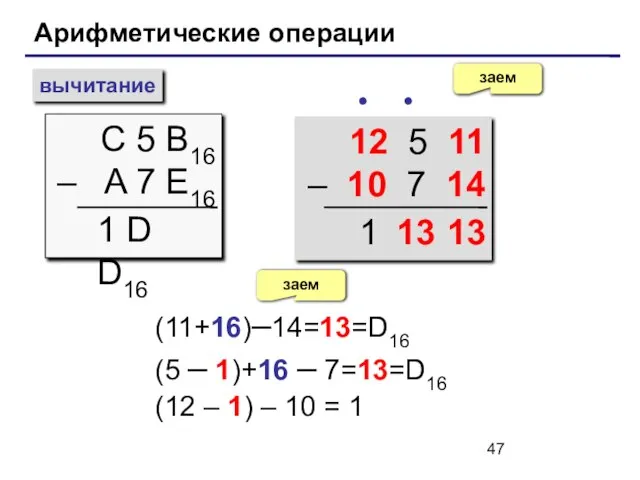 Арифметические операции вычитание С 5 B16 – A 7 E16 заем ∙