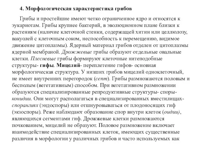 4. Морфологическая характеристика грибов Грибы и простейшие имеют четко ограниченное ядро и