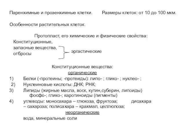 Паренхимные и прозенхимные клетки. Размеры клеток: от 10 до 100 мкм. Особенности