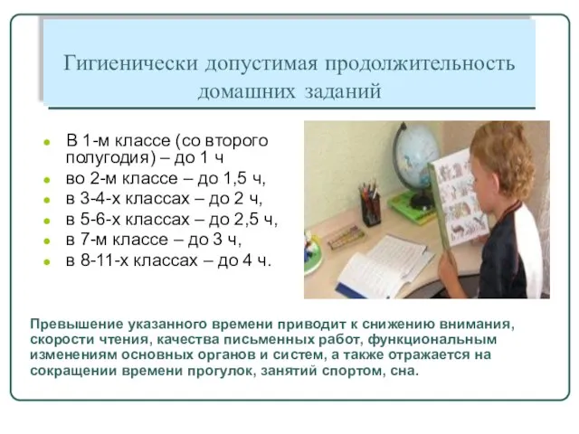 Гигиенически допустимая продолжительность домашних заданий В 1-м классе (со второго полугодия) –