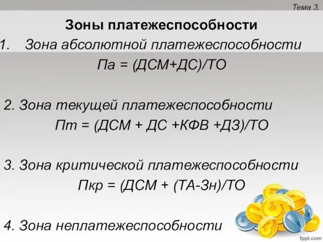 Тема 3. Зоны платежеспособности Зона абсолютной платежеспособности Па = (ДСМ+ДС)/ТО 2. Зона