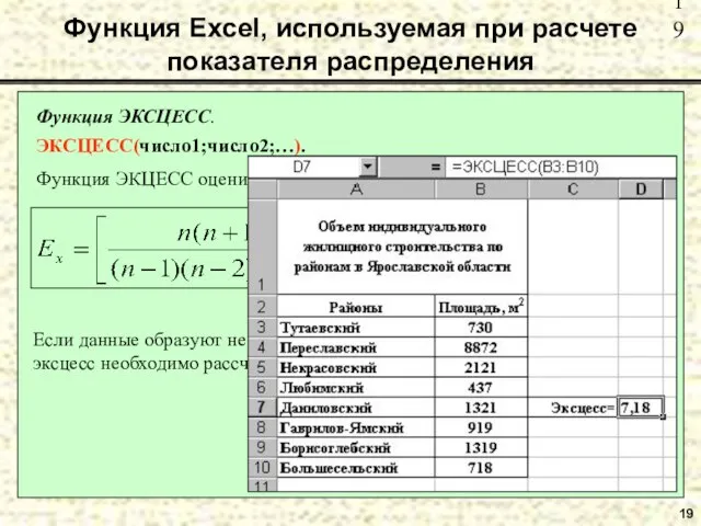 19 Функция Excel, используемая при расчете показателя распределения Функция ЭКСЦЕСС. ЭКСЦЕСС(число1;число2;…). Функция