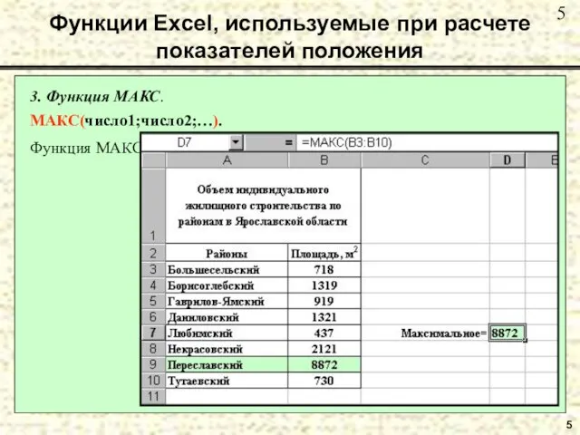 5 3. Функция МАКС. МАКС(число1;число2;…). Функция МАКС находит наибольшее значение в множестве