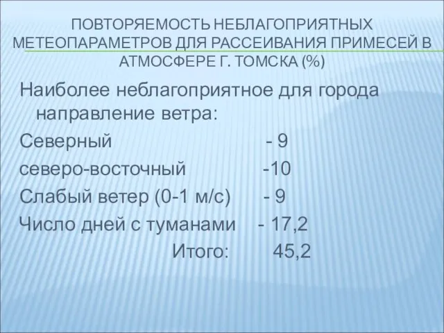 ПОВТОРЯЕМОСТЬ НЕБЛАГОПРИЯТНЫХ МЕТЕОПАРАМЕТРОВ ДЛЯ РАССЕИВАНИЯ ПРИМЕСЕЙ В АТМОСФЕРЕ Г. ТОМСКА (%) Наиболее