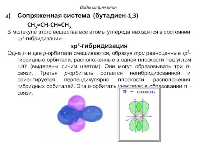 Сопряженная система (бутадиен-1,3) CH2=CH-CH=CH2 В молекуле этого вещества все атомы углерода находятся