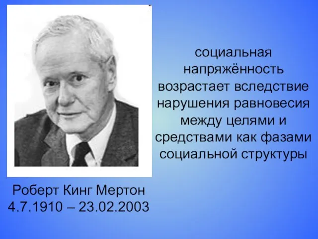 Роберт Кинг Мертон 4.7.1910 – 23.02.2003 социальная напряжённость возрастает вследствие нарушения равновесия