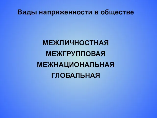 Виды напряженности в обществе МЕЖЛИЧНОСТНАЯ МЕЖГРУППОВАЯ МЕЖНАЦИОНАЛЬНАЯ ГЛОБАЛЬНАЯ