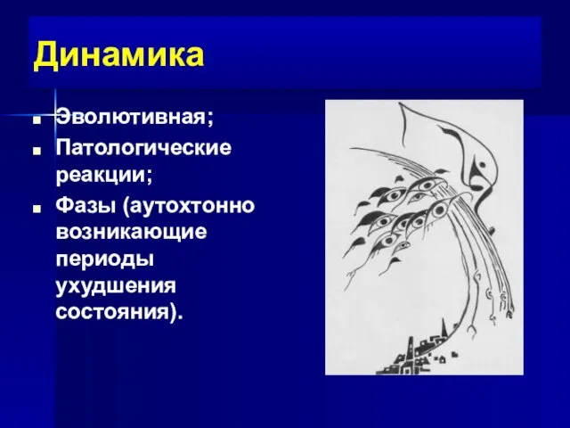 Динамика Эволютивная; Патологические реакции; Фазы (аутохтонно возникающие периоды ухудшения состояния).