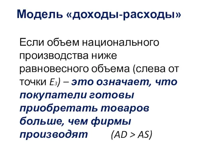 Модель «доходы-расходы» Если объем национального производства ниже равновесного объема (слева от точки