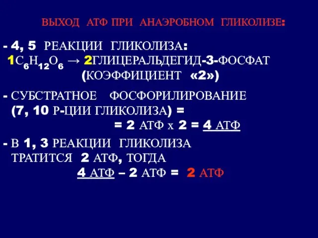 ВЫХОД АТФ ПРИ АНАЭРОБНОМ ГЛИКОЛИЗЕ: - СУБСТРАТНОЕ ФОСФОРИЛИРОВАНИЕ (7, 10 Р-ЦИИ ГЛИКОЛИЗА)