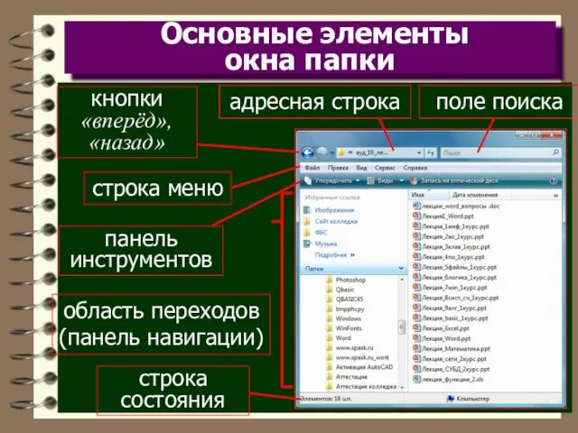 Основные элементы окна папки