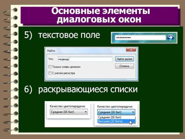 Основные элементы диалоговых окон текстовое поле раскрывающиеся списки