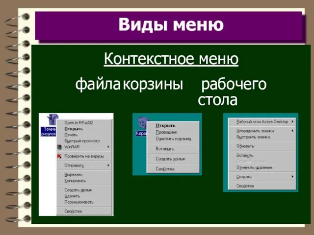 Виды меню Контекстное меню файла корзины рабочего стола