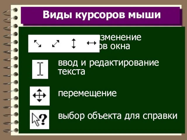 Виды курсоров мыши изменение размеров окна ввод и редактирование текста перемещение выбор объекта для справки